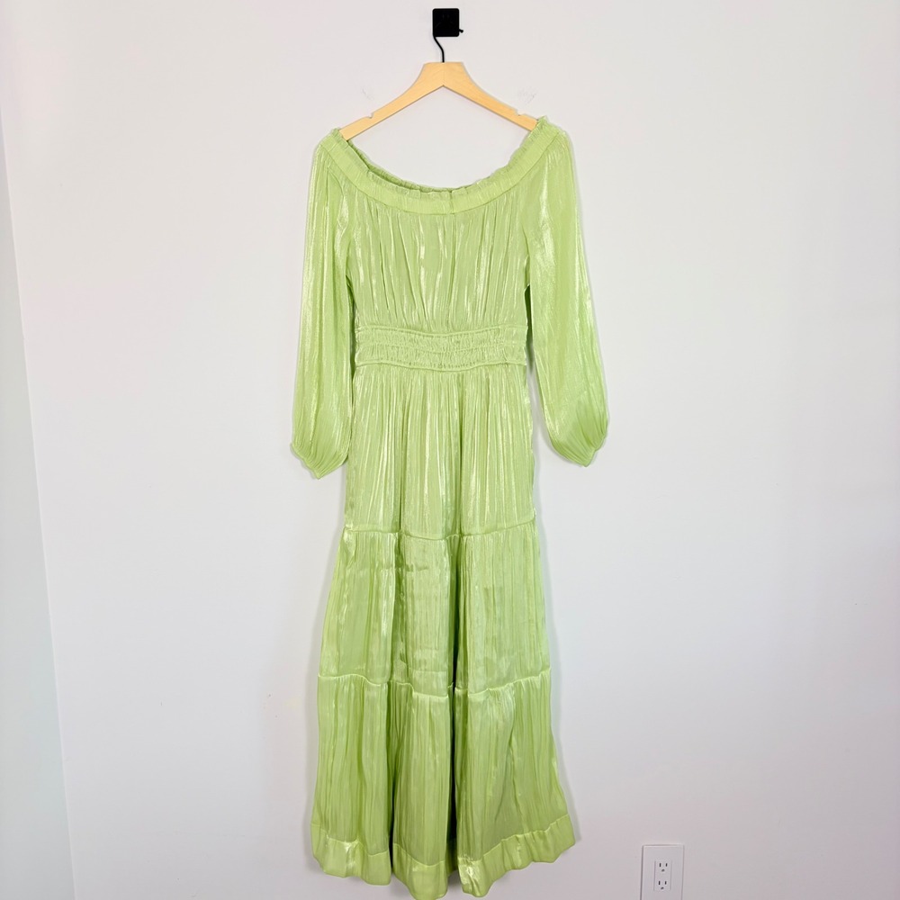 Anthropologie Somerset Off-Shoulder Maxi Dress Green Shimmer Size Small Tiered - Picture 7 of 10